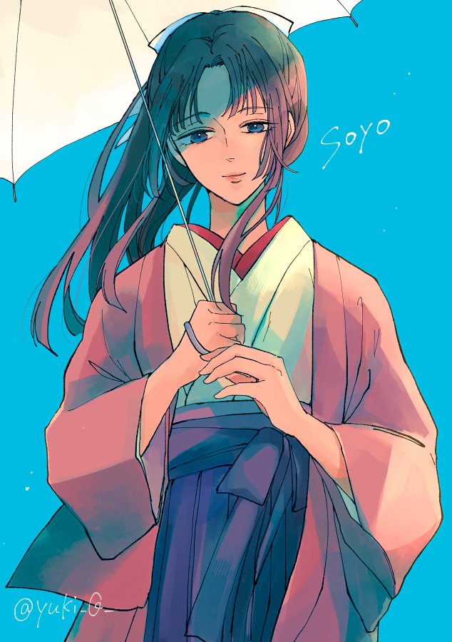 1girl alternate_eye_color azu_ry5 black_hair blue_background blue_eyes character_name facing_viewer gintama hair_ribbon hakama haori holding holding_umbrella japanese_clothes kimono light_smile long_hair looking_at_viewer ponytail ribbon simple_background solo tokugawa_soyo twitter_username umbrella wide_sleeves