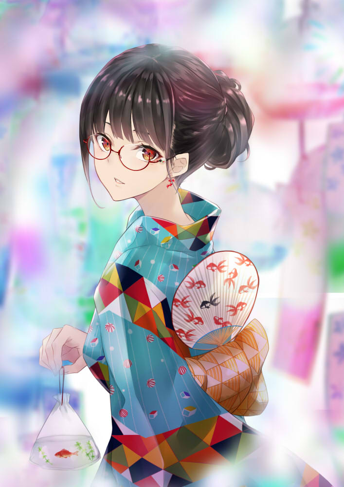 1girl animal_print bag bangs black_hair blue_kimono braid breasts commentary fan fish fish_print french_braid glasses goldfish hair_bun holding japanese_clothes kimono long_sleeves looking_at_viewer medium_breasts nabeshima_tetsuhiro obi original paper_fan parted_lips plastic_bag red-framed_eyewear red_eyes round_eyewear sash smile solo symbol_commentary uchiwa upper_body wide_sleeves