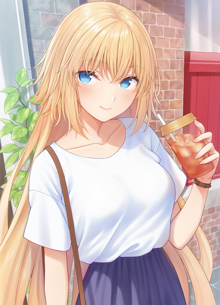 1girl bag blonde_hair blue_eyes blue_skirt blush breasts casual closed_mouth collarbone commentary_request dress drinking_straw eyebrows_visible_through_hair fate/apocrypha fate_(series) hair_between_eyes handbag holding holding_drink ice ice_cube jeanne_d'arc_(fate) jeanne_d'arc_(fate)_(all) long_hair looking_at_viewer medium_breasts nananichi shirt skirt smile solo very_long_hair white_shirt