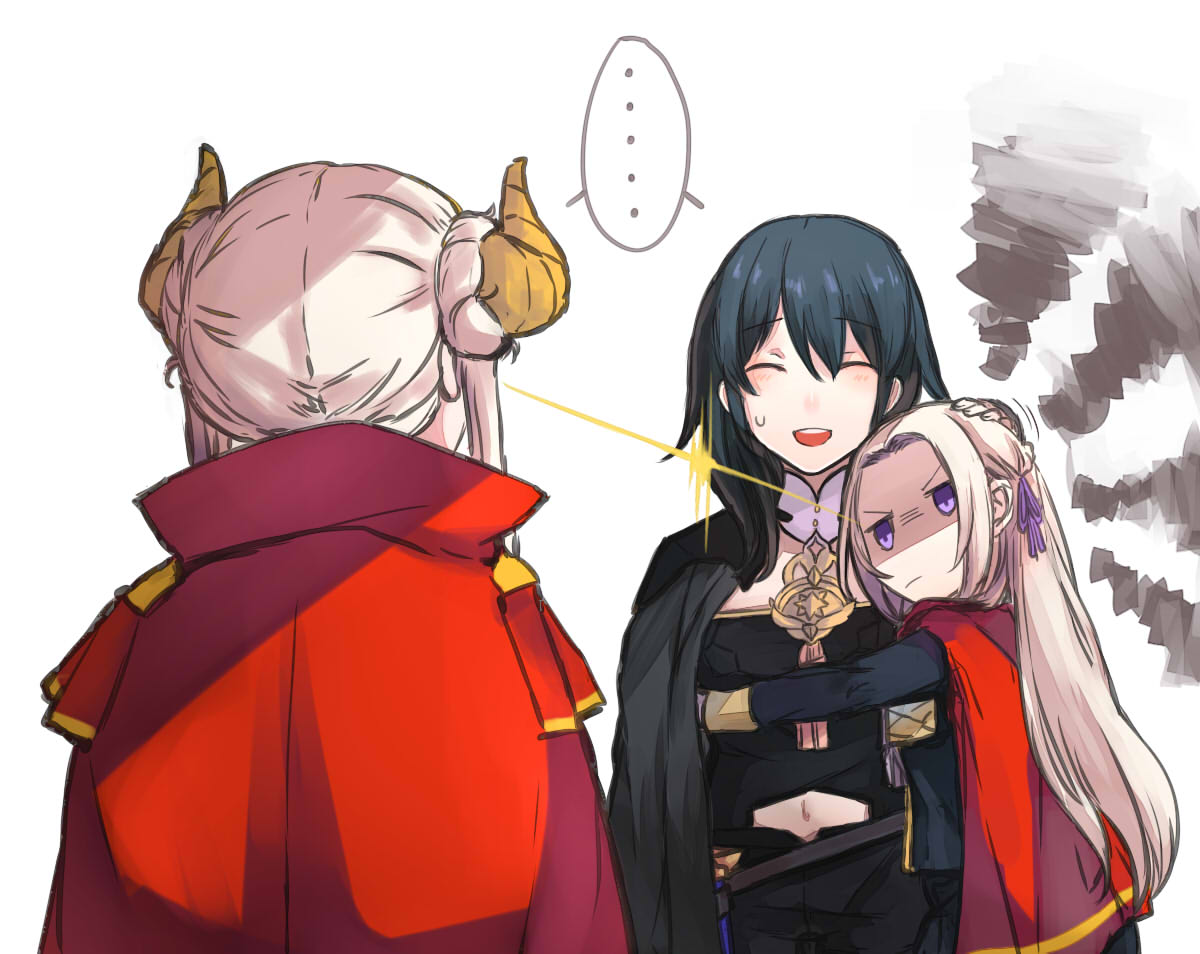 3girls bangs blonde_hair blue_hair braid byleth byleth_(female) cape closed_eyes closed_mouth commentary edelgard_von_hresvelgr_(fire_emblem) eye_contact eyebrows_visible_through_hair fire_emblem fire_emblem:_three_houses hair_ornament hair_ribbon hug long_hair looking_at_another multiple_girls red_cape ribbon simple_background smile sweatdrop u_nagidon uniform upper_body violet_eyes waist_hug white_background yuri