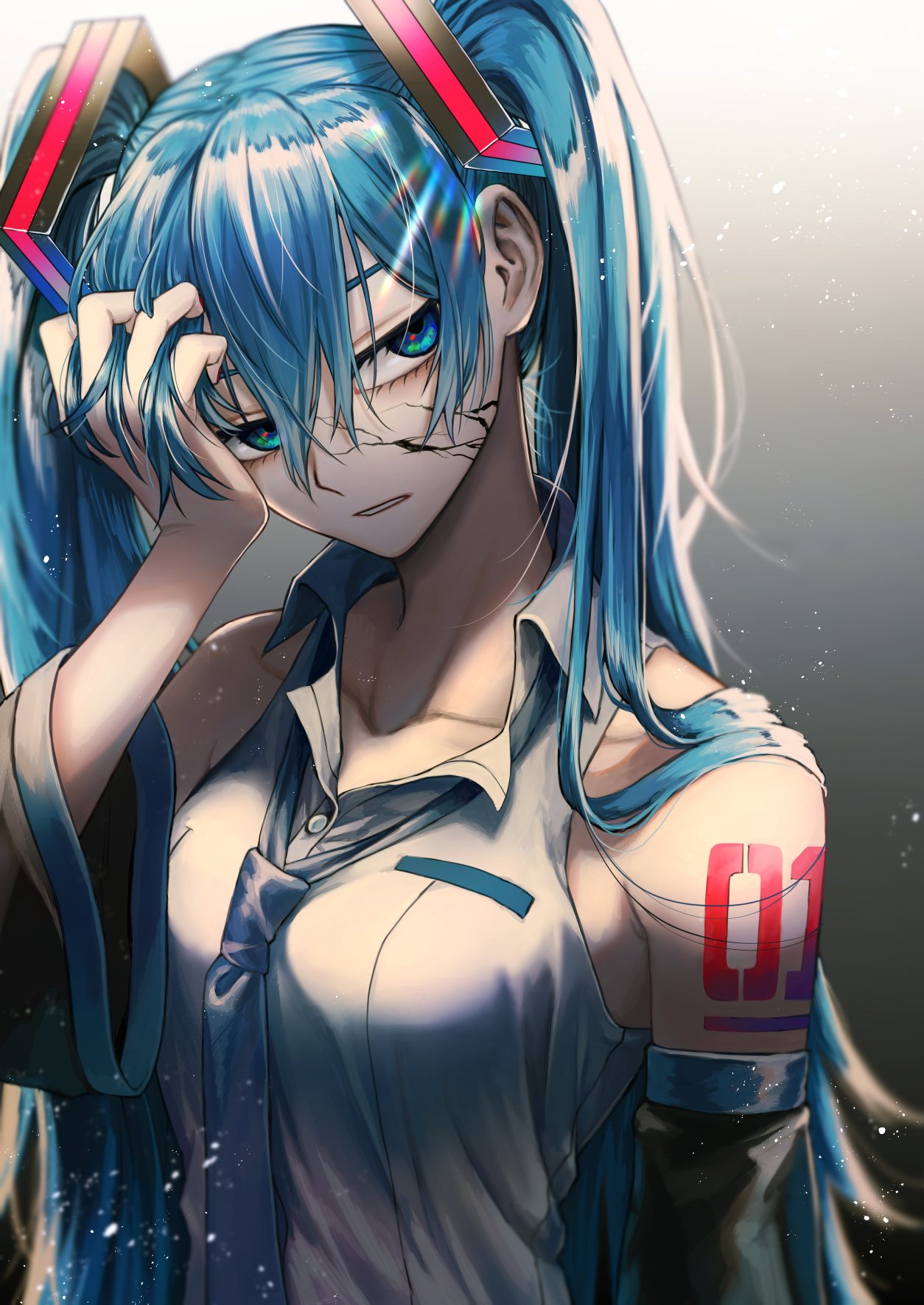 1girl aqua_eyes aqua_hair bangs blurry breasts collarbone collared_shirt cracked_skin depth_of_field detached_sleeves gradient gradient_background hair_between_eyes hair_ornament hatsune_miku head_tilt highres light_particles long_hair looking_at_viewer medium_breasts necktie parted_lips shirt shoulder_tattoo sidelocks simple_background sleeveless sleeveless_shirt solo take_hara_3 tattoo tsurime twintails upper_body very_long_hair vocaloid white_shirt wide_sleeves