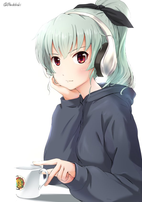 1girl alternate_hairstyle anchovy anzio_(emblem) black_ribbon black_shirt buchikaki casual chin_rest commentary cup elbow_rest emblem girls_und_panzer green_hair hair_ribbon headphones holding holding_cup hood hoodie light_blush light_smile long_hair mug ponytail red_eyes ribbon shadow shirt solo twitter_username