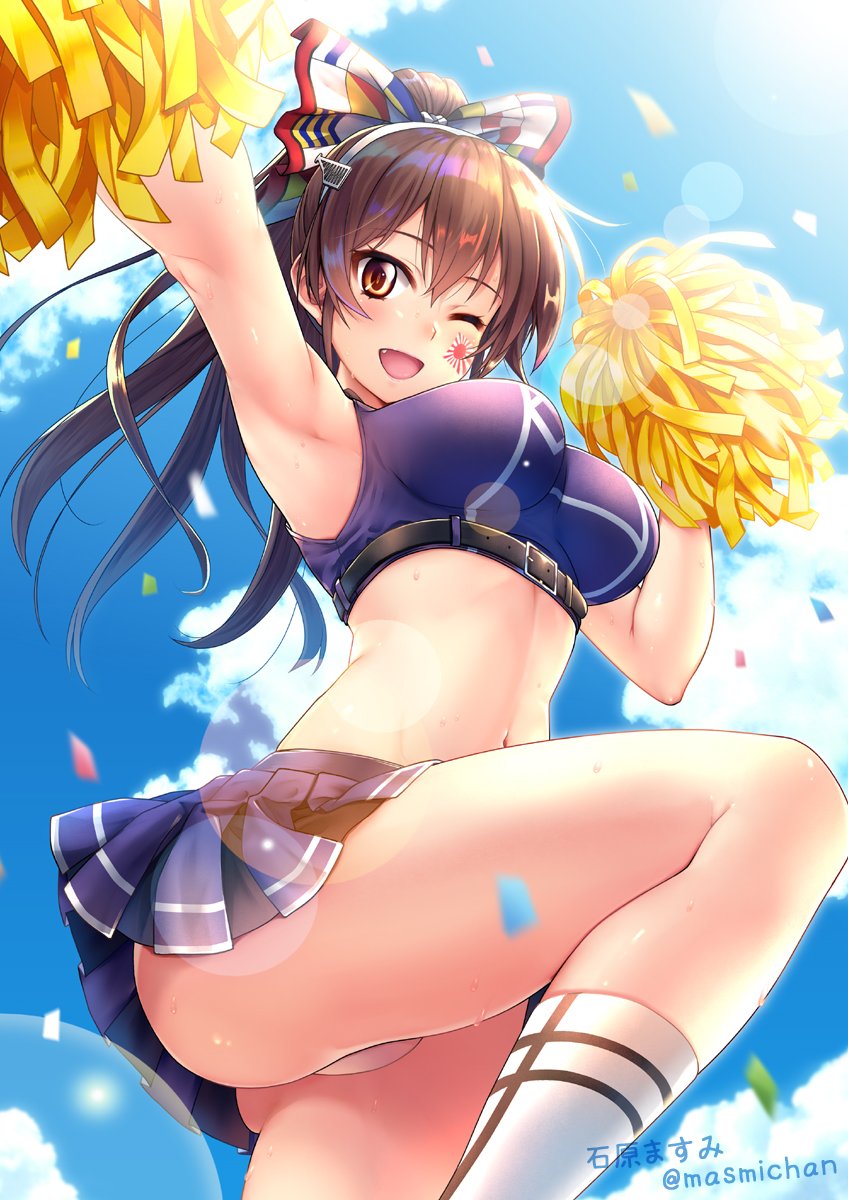 1girl ;d arm_up armpits ashigara_(kantai_collection) belt blue_skirt blue_sky blush breasts brown_eyes brown_hair cheerleader clouds crop_top dya facial_mark fangs hair_ornament hair_ribbon hairband hand_up highres ishihara_masumi kantai_collection large_breasts leg_up long_hair looking_at_viewer midriff miniskirt navel one_eye_closed open_mouth outdoors panties pleated_skirt pom_poms ponytail remodel_(kantai_collection) ribbon skindentation skirt sky sleeveless smile socks solo sweat thighs twitter_username underbust underwear wavy_hair white_panties