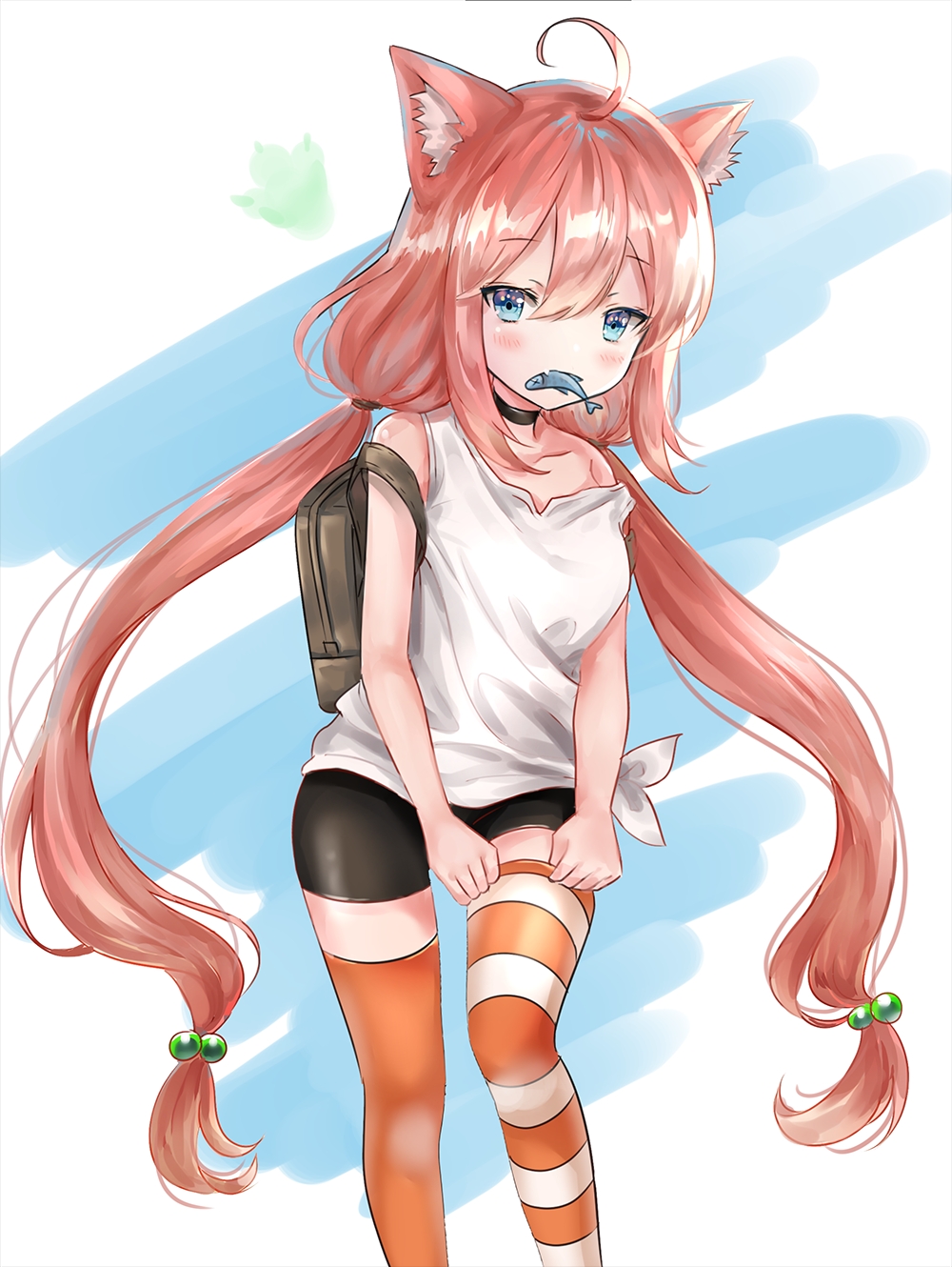 1girl adjusting_clothes adjusting_legwear ahoge animal_ear_fluff animal_ears backpack bag bike_shorts black_shorts blue_eyes cat_ears choker clenched_hands fang fish food hair_bobbles hair_ornament highres hinata_channel long_hair low_twintails melings_(aot2846) mismatched_legwear mouth_hold nekomiya_hinata orange_legwear pink_hair pulled_by_self short_shorts shorts solo strap_slip striped striped_legwear tank_top thigh-highs thighhighs_pull twintails very_long_hair virtual_youtuber white_tank_top