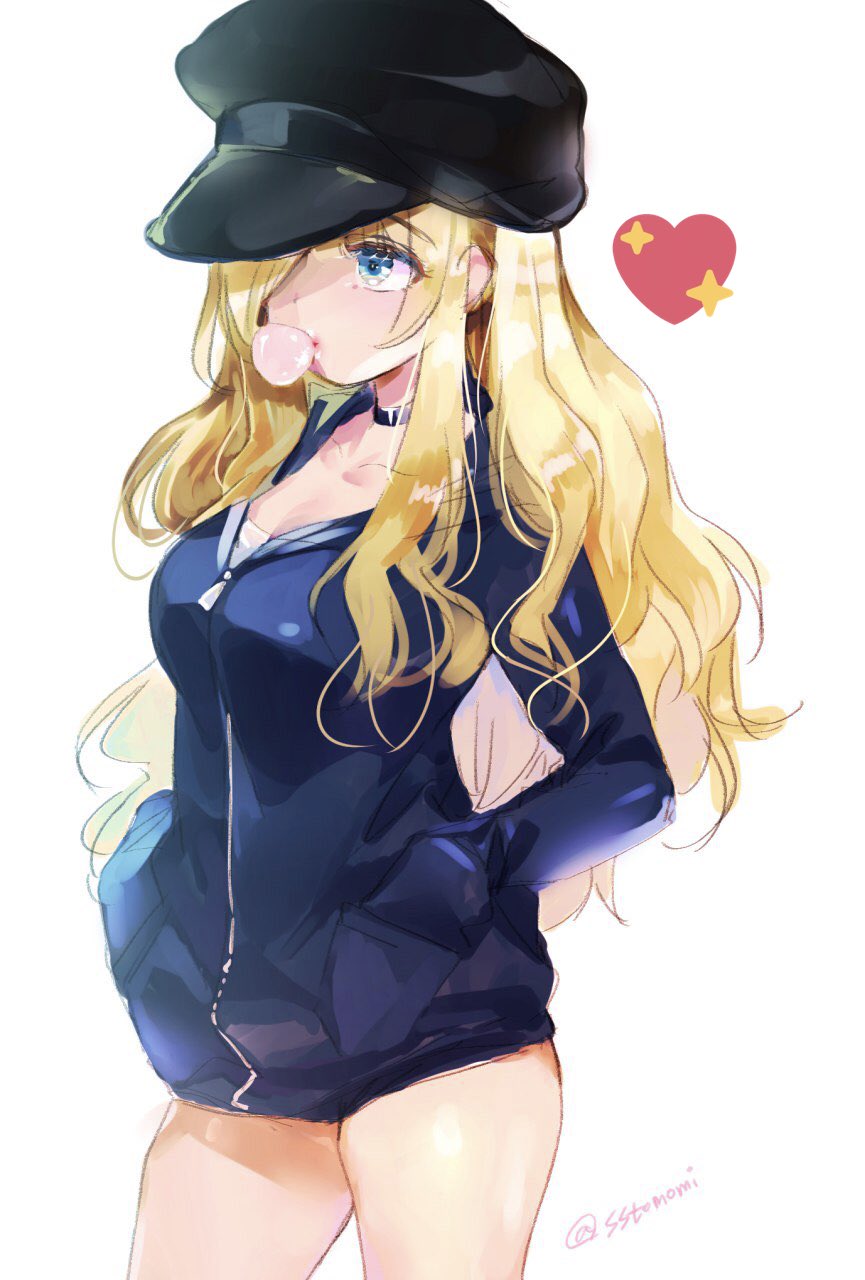 1girl black_headwear blonde_hair blue_eyes blue_jacket bubble_blowing chewing_gum choker emily_(pure_dream) hair_over_one_eye hands_in_pockets hat highres jacket long_hair no_pants original simple_background solo thighs white_background