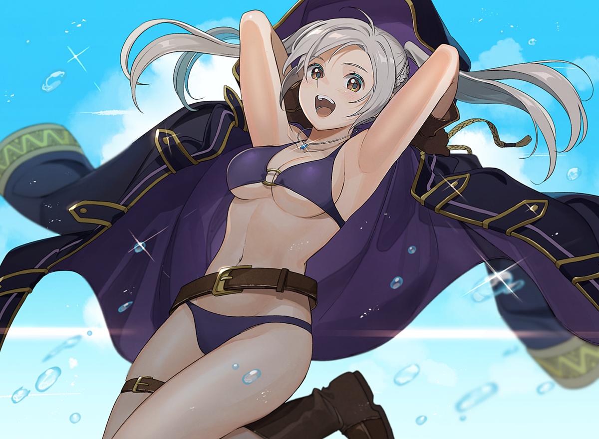 1girl bikini boots breasts cute female_my_unit_(fire_emblem:_kakusei) fire_emblem fire_emblem:_kakusei fire_emblem_awakening fire_emblem_heroes full_body gloves hood intelligent_systems jumping kyufe long_hair looking_at_viewer my_unit_(fire_emblem:_kakusei) nintendo o-ring o-ring_bikini open_mouth reflet robin_(fire_emblem) robin_(fire_emblem)_(female) sky smile solo summer super_smash_bros. swimsuit twintails white_hair yellow_eyes