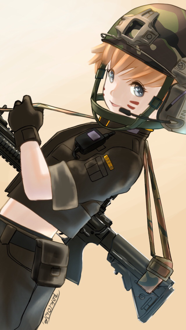 1girl artist_name black_gloves blue_eyes camouflage_hat gloves gradient gradient_background gun headset helmet light_brown_hair pouch rokutowa short_hair short_sleeves simple_background solo standing walkie-talkie weapon