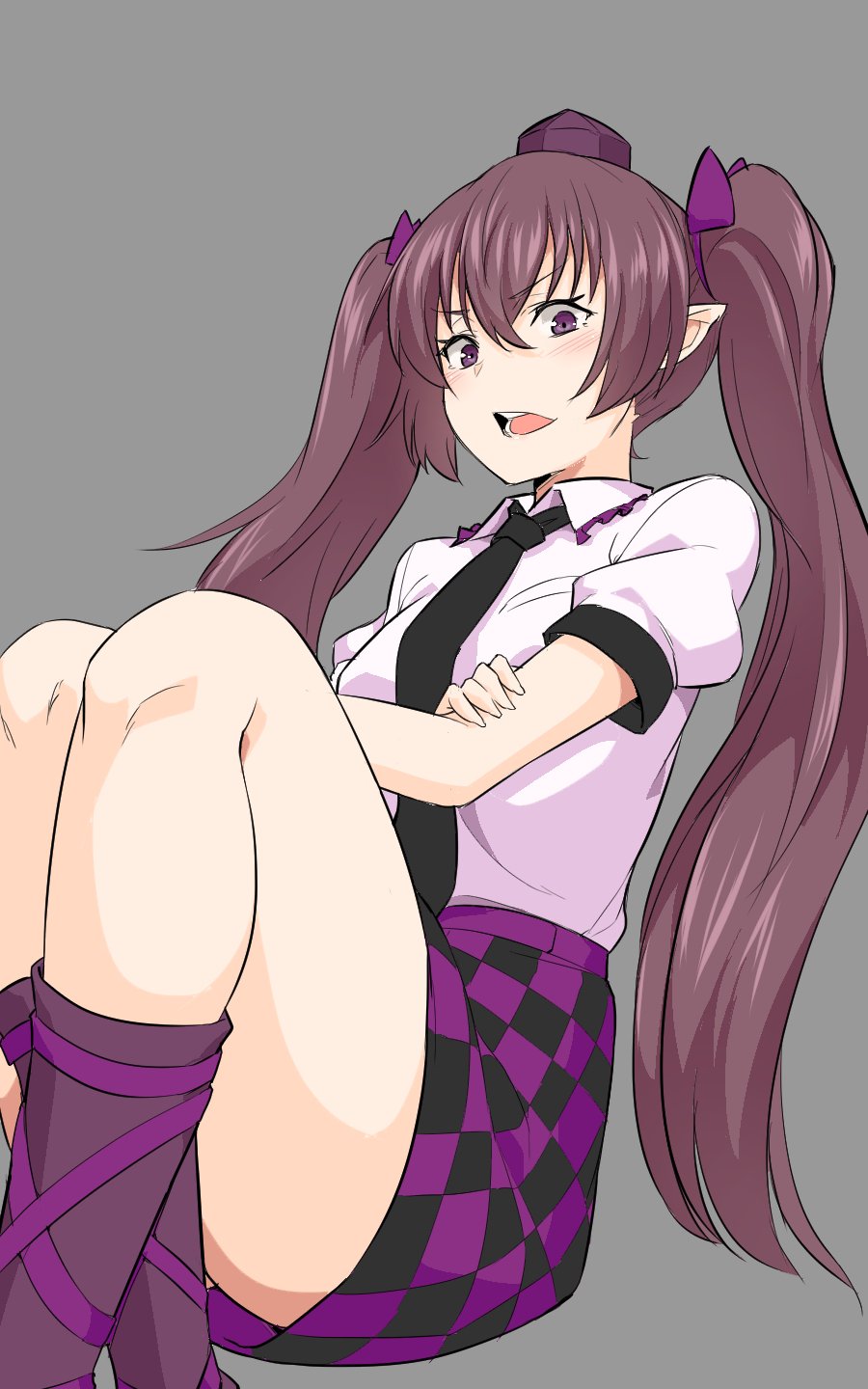 1girl ass bangs black_legwear black_neckwear black_skirt blush breasts brown_hair checkered checkered_skirt commentary_request convenient_leg crossed_arms crossed_legs eyebrows_visible_through_hair feet_out_of_frame frilled_shirt_collar frills grey_background hair_between_eyes hair_ribbon hat highres himekaidou_hatate kakone kneehighs knees_up leg_ribbon long_hair looking_at_viewer medium_breasts miniskirt necktie open_mouth pointy_ears puffy_short_sleeves puffy_sleeves purple_ribbon purple_skirt ribbon shirt short_sleeves simple_background sitting skirt solo thighs tokin_hat touhou twintails v-shaped_eyebrows very_long_hair violet_eyes white_shirt wing_collar