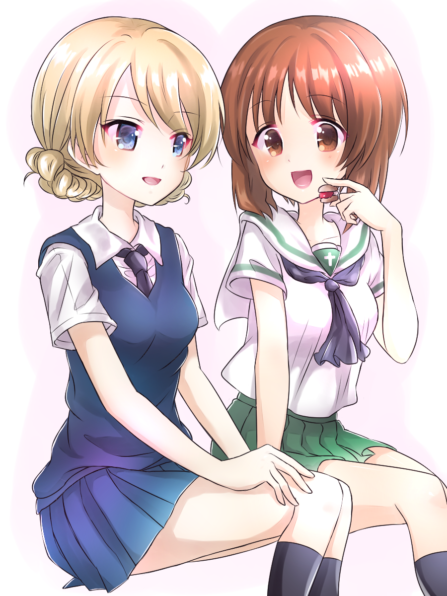 2girls bangs black_skirt blonde_hair blue_eyes blue_sweater blush braid brown_eyes brown_hair darjeeling french_braid girls_und_panzer highres looking_at_another multiple_girls necktie nishizumi_miho ooarai_school_uniform open_mouth pleated_skirt rurikoke school_uniform short_hair short_sleeves skirt smile st._gloriana's_school_uniform sweater thighs tied_hair yuri