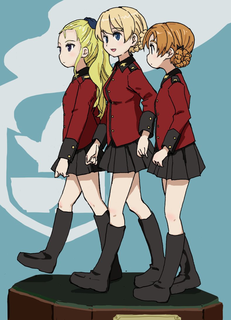 3girls assam bangs black_footwear black_ribbon black_skirt blonde_hair blue_background blue_eyes boots braid closed_mouth commentary darjeeling emblem epaulettes eyebrows_visible_through_hair faux_figurine girls_und_panzer hair_pulled_back hair_ribbon insignia jacket long_hair long_sleeves looking_at_another military military_uniform miniskirt multiple_girls nogitatsu open_mouth orange_hair orange_pekoe parted_bangs pleated_skirt red_jacket ribbon short_hair skirt smile st._gloriana's_military_uniform standing standing_on_one_leg tied_hair twin_braids uniform walking