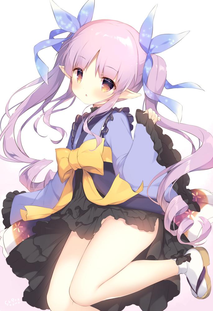 1girl arm_up black_skirt hikawa_kyoka japanese_clothes kimono leg_lift legs long_hair pointy_ears princess_connect! princess_connect!_re:dive purple_hair purple_kimono ribbon sandals shiratama_(shiratamaco) simple_background skirt solo standing standing_on_one_leg tabi thighs twintails violet_eyes white_background wind wind_lift