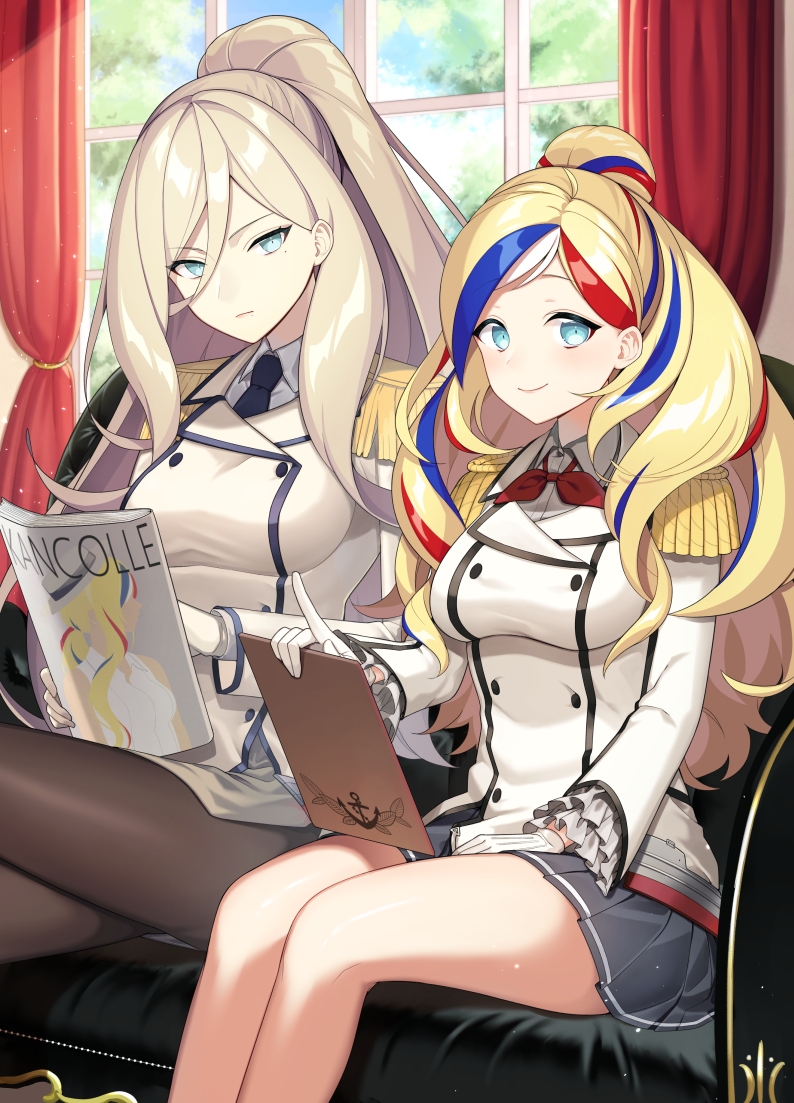 2girls alternate_costume aqua_eyes bangs blonde_hair blue_hair commandant_teste_(kantai_collection) commentary_request cosplay couch curtains double-breasted dress epaulettes gloves hair_between_eyes indoors kantai_collection kashima_(kantai_collection) kashima_(kantai_collection)_(cosplay) katori_(kantai_collection) katori_(kantai_collection)_(cosplay) kinsenka_momi long_hair miniskirt mole mole_under_eye mole_under_mouth multicolored_hair multiple_girls pleated_skirt red_curtains redhead richelieu_(kantai_collection) sitting skirt sunlight swept_bangs white_hair window