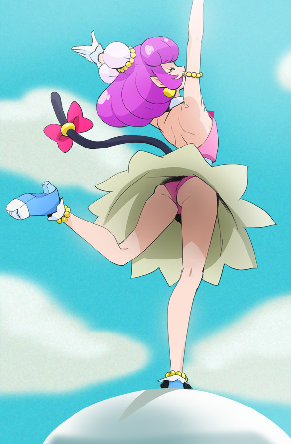 1girl ^_^ arms_up ass bare_back blue_footwear blue_sky cat_tail closed_eyes clouds day double_bun from_behind gloves haruyama_kazunori mao_(precure) open_mouth panties pink_hair pink_panties precure short_hair sky solo star_twinkle_precure tail underwear white_gloves yuni_(precure)