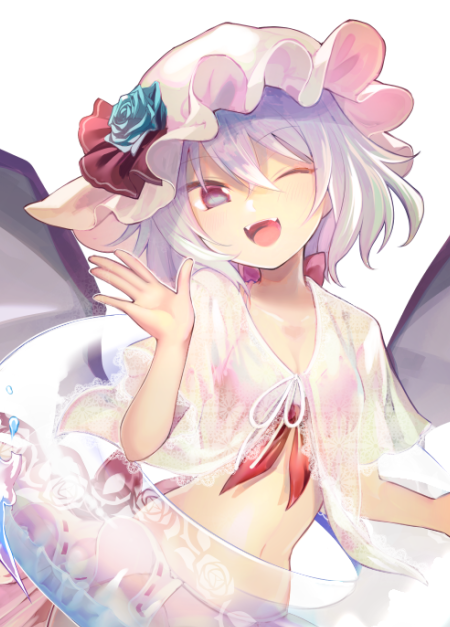 1girl ;d alternate_eye_color bangs bat_wings bikini blue_flower blue_rose commentary_request eyebrows_visible_through_hair fangs flower front-tie_bikini front-tie_top hair_between_eyes hand_up hat hat_flower hat_ribbon head_tilt innertube looking_at_viewer mob_cap navel one_eye_closed open_mouth red_bikini red_ribbon remilia_scarlet ribbon rose sarong see-through shirt short_hair short_sleeves silver_hair simple_background smile solo stomach swimsuit touhou upper_body violet_eyes white_background white_headwear white_shirt wings yuki_(popopo)