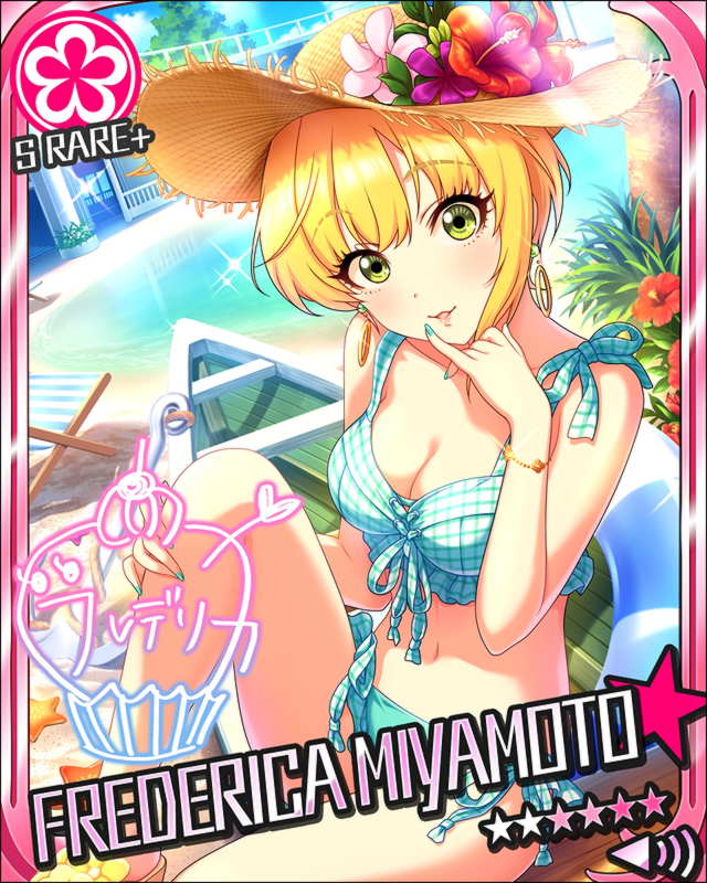 bikini blonde_hair blush character_name green_eyes hat idolmaster idolmaster_cinderella_girls miyamoto_frederica short_hair stars