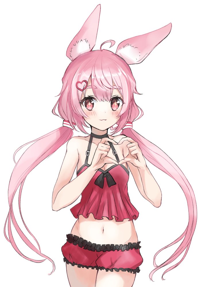1girl ahoge animal_ear_fluff animal_ears arms_up blush camisole choker hair_ornament hairclip heart heart_hands long_hair low_twintails midriff navel pink_eyes pink_hair rabbit_ears red_camisole red_shorts short_shorts shorts simple_background smile solo tomari_mari tomari_mari_channel twintails underwear underwear_only virtual_youtuber white_background
