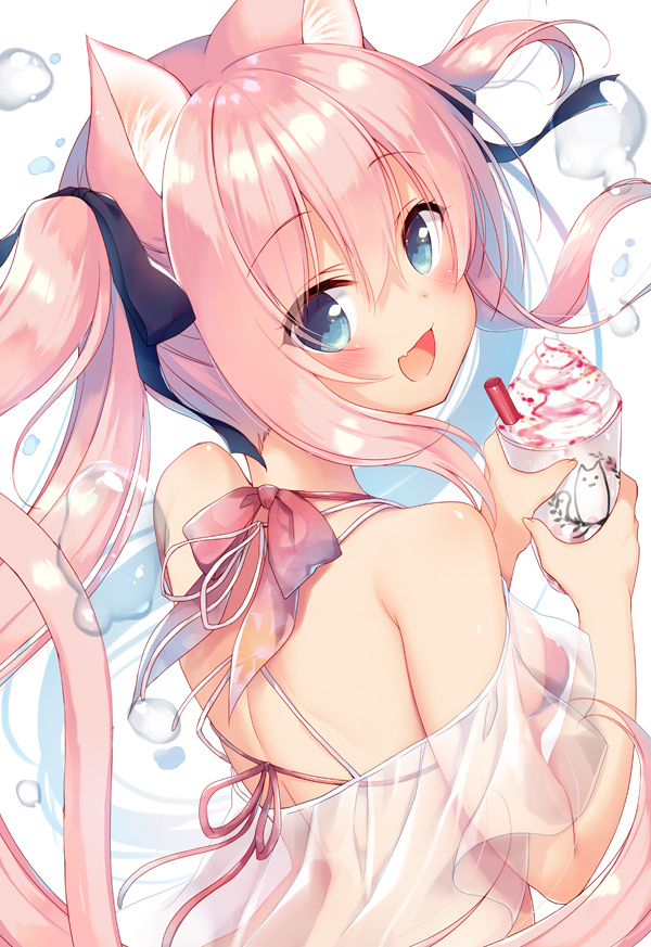 1girl :d animal_ear_fluff animal_ears bare_shoulders bikini bikini_under_clothes black_bow blue_eyes blush bow breasts cat_ears commentary_request cup disposable_cup drinking_straw fang food from_behind hair_bow holding ice_cream long_hair looking_at_viewer looking_back open_mouth original pink_hair red_bikini sazaki_ichiri see-through sidelocks simple_background small_breasts smile solo swimsuit twintails very_long_hair water_drop white_background