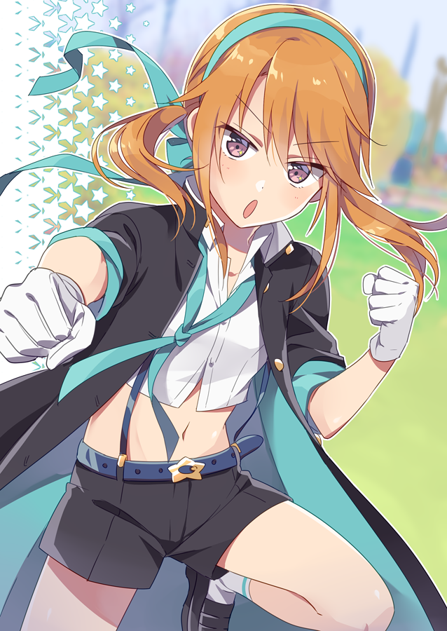 1girl belt black_coat black_footwear black_shorts blurry brown_eyes buttons clenched_hands coat collared_shirt cowboy_shot crop_top depth_of_field flat_chest gloves hair_ribbon idolmaster idolmaster_cinderella_girls leg_up long_hair looking_at_viewer midriff navel necktie open_clothes open_coat open_mouth orange_hair ribbon riku_(melty_drop) shirt shoes short_shorts short_sleeves shorts sidelocks socks solo star suspenders thighs twintails v-shaped_eyebrows white_gloves white_legwear white_shirt yuuki_haru