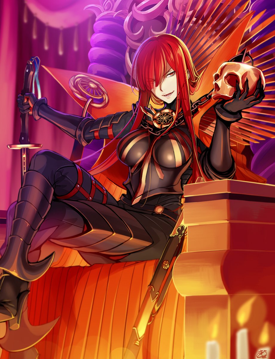 1girl armored_boots bangs black_bodysuit bodysuit boots breasts cape chain crossed_legs fate/grand_order fate_(series) gun hair_over_one_eye highres katana large_breasts long_hair looking_at_viewer oda_nobunaga_(fate) oda_nobunaga_(maou_avenger)_(fate) oda_uri okitakung open_mouth popped_collar red_cape red_eyes redhead rifle sitting skull smile solo sword throne very_long_hair weapon