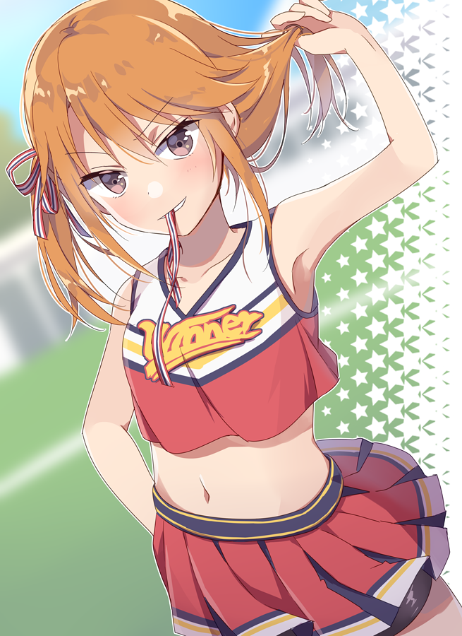 1girl arm_up armpits bare_arms bare_shoulders bike_shorts black_shorts blurry breasts brown_eyes cheerleader collarbone cowboy_shot crop_top depth_of_field hair_ribbon hand_on_hip holding holding_hair idolmaster idolmaster_cinderella_girls long_hair looking_at_viewer midriff miniskirt mouth_hold navel orange_hair red_skirt ribbon riku_(melty_drop) shirt shorts shorts_under_skirt skirt sleeveless sleeveless_shirt small_breasts smile solo star untying v-shaped_eyebrows yuuki_haru