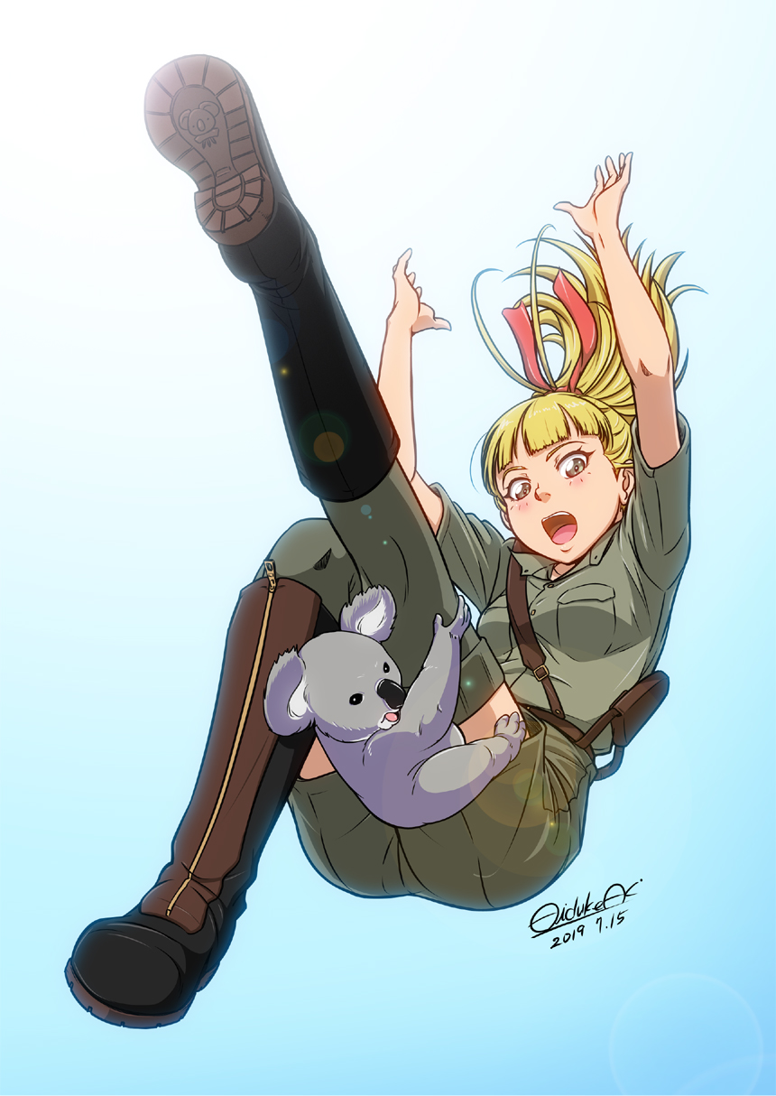 1girl arms_up artist_name backlighting bangs belt blonde_hair blue_background blunt_bangs boots brown_belt brown_eyes brown_footwear brown_shirt clinging collared_shirt commentary dated falling frown full_body girls_und_panzer gradient gradient_background green_legwear green_shorts hair_ribbon highres knee_boots koala koala_forest_military_uniform leg_up lens_flare long_hair open_mouth ponytail pouch red_ribbon ribbon sam_browne_belt shirt short_sleeves shorts signature solo thigh-highs user_nuur5827 wallaby_(girls_und_panzer) zipper