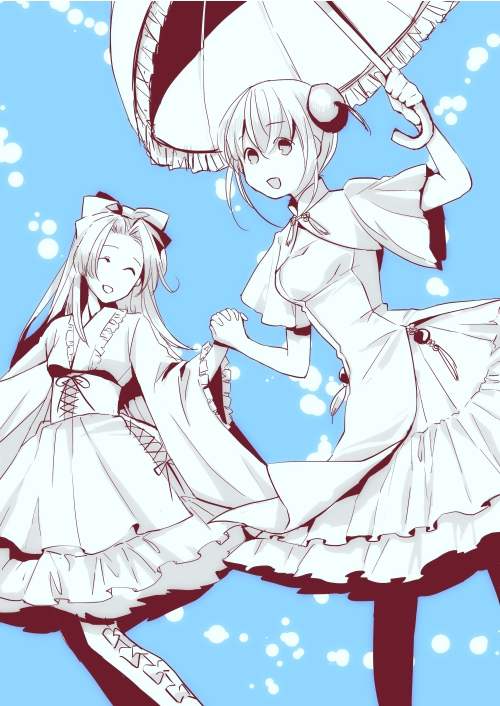 2girls alternate_costume blue_background bow breasts bun_cover dress eyebrows_visible_through_hair frilled_dress frilled_sleeves frills gintama hair_between_eyes hair_bow hair_ornament hair_ribbon holding holding_hands holding_umbrella interlocked_fingers kagura_(gintama) lolita_fashion long_hair mata_suzume multiple_girls open_mouth qi_lolita ribbon short_hair simple_background small_breasts smile tokugawa_soyo umbrella uncolored wa_lolita wide_sleeves