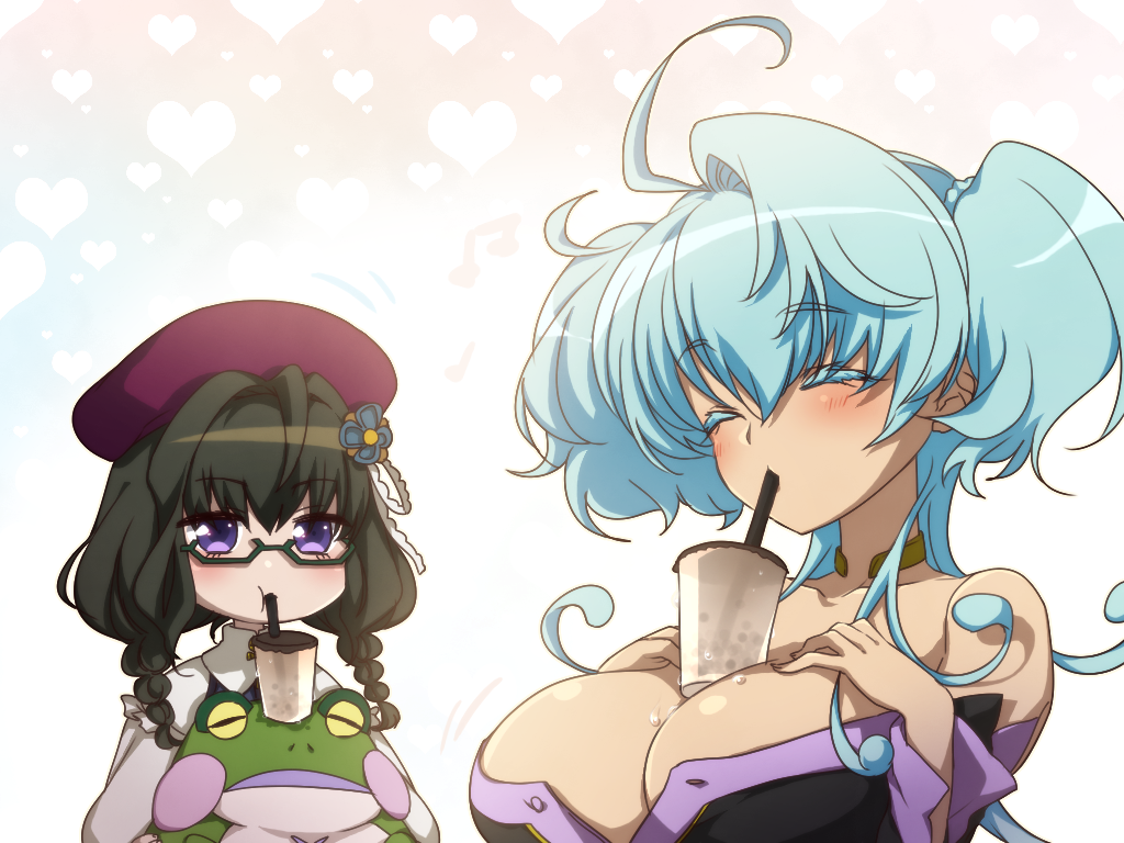 2girls ahoge bangs bare_shoulders beret black_dress black_hair blue_background blue_hair blush braid breast_envy bubble_tea bubble_tea_challenge buttons cagliostro_(symphogear) cheating_(competitive) choker closed_eyes collarbone condensation cup detached_sleeves disposable_cup dress drinking drinking_straw eyebrows_visible_through_hair flower frilled_ribbon frilled_shirt frills frog glasses gradient gradient_background green-framed_eyewear hair_between_eyes hair_flower hair_ornament hands_on_own_chest hands_up hat heart heart_background holding holding_stuffed_animal illi44 long_hair long_sleeves looking_at_another medium_hair motion_lines multiple_girls object_on_breast parted_lips pink_background prelati_(symphogear) purple_headwear ribbon semi-rimless_eyewear senki_zesshou_symphogear shiny shiny_hair shiny_skin shirt strapless strapless_dress stuffed_animal stuffed_frog stuffed_toy tentacle_hair twin_braids two_side_up unbuttoned_dress upper_body violet_eyes white_background white_ribbon