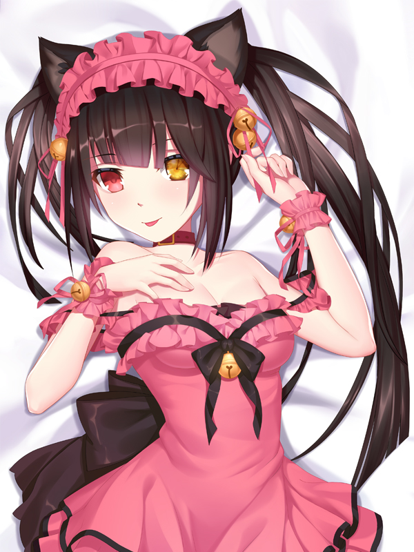 1girl animal_ears bangs bare_shoulders bell black_bow black_hair bow breasts brown_collar cangqiong_zhihen cat_ears colalrbone collar commentary_request date_a_live dress eyebrows_visible_through_hair hair_ornament headdress large_breasts long_hair looking_at_viewer lying off_shoulder on_back pink_dress pink_headwear red_eyes sleeveless sleeveless_dress smile solo tokisaki_kurumi tongue tongue_out twintails upper_body yellow_eyes