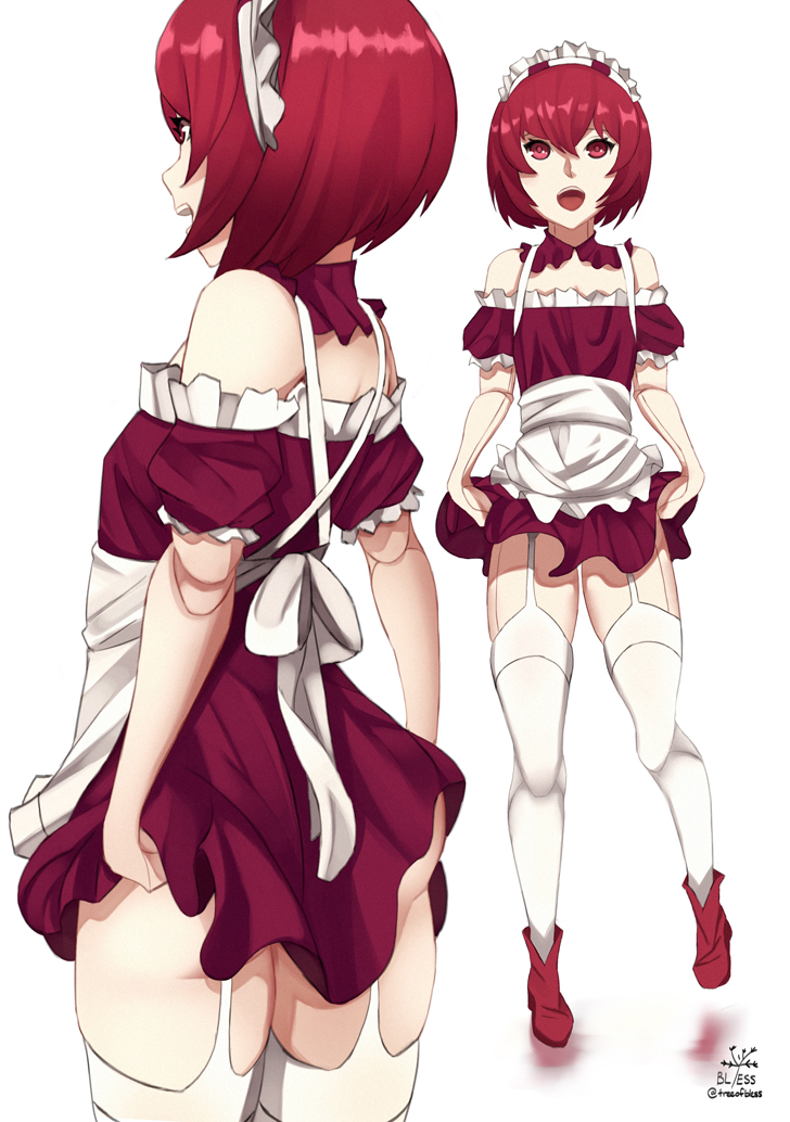 1girl android ass dorothy_haze frills garter_straps jayceaua looking_at_viewer looking_to_the_side maid maid_headdress multiple_views open_mouth red_eyes red_skirt redhead robot_joints short_hair skirt skirt_lift solo thigh-highs twitter_username va-11_hall-a white_legwear