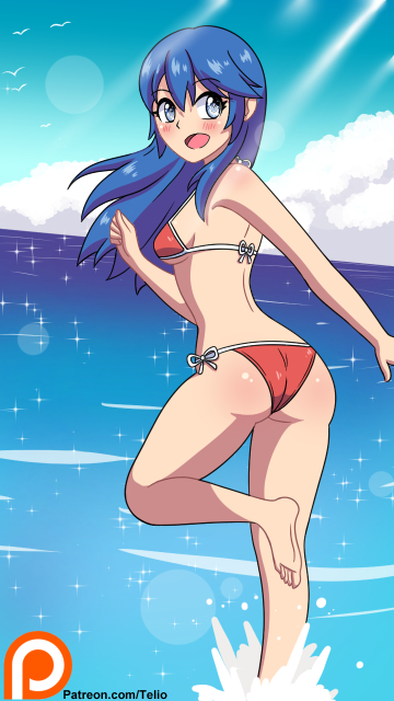 1girl ass back barefoot beach bikini bird blue_eyes blue_hair blush clouds cute fire_emblem fire_emblem:_kakusei fire_emblem_awakening fire_emblem_heroes intelligent_systems long_hair looking_at_viewer lucina moe nintendo ocean outdoors patreon_username red_bikini running running_on_water seagull sky solo splash splashing summer super_smash_bros. swimsuit teliosadmell