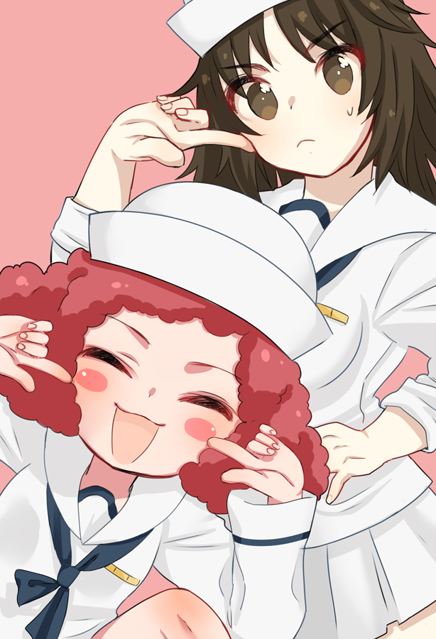 2girls black_hair blush brown_eyes closed_eyes dress finger_to_cheek girls_und_panzer hat knee_blush kumasawa_(dkdkr) long_hair looking_at_viewer multiple_girls murakami_(girls_und_panzer) open_mouth pink_background pleated_skirt redhead ribbon rum_(girls_und_panzer) sailor_dress sailor_hat simple_background skirt smile white_skirt