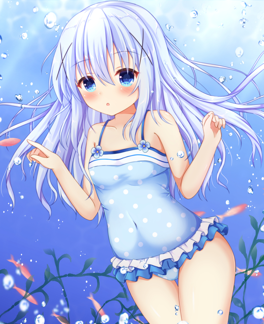 1girl :o air_bubble animal bangs bare_arms bare_shoulders blue_eyes blue_hair blue_swimsuit blush breasts bubble casual_one-piece_swimsuit commentary_request covered_navel day eyebrows_visible_through_hair fish freediving frilled_swimsuit frills gochuumon_wa_usagi_desu_ka? hair_between_eyes hair_ornament kafuu_chino kedama_(kedama_akaza) long_hair one-piece_swimsuit outdoors parted_lips polka_dot polka_dot_swimsuit small_breasts solo swimsuit thigh_gap underwater very_long_hair water x_hair_ornament