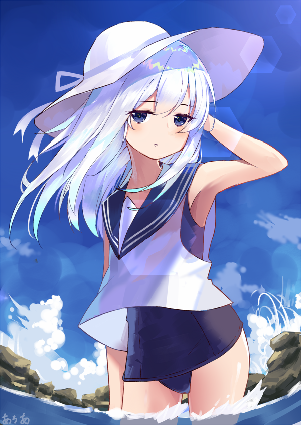 1girl :o alternate_costume bangs blue_eyes blue_swimsuit blush clouds commentary cowboy_shot day eyebrows_visible_through_hair fisheye hat hibiki_(kantai_collection) kantai_collection lens_flare long_hair moyasi3409854 one-piece_swimsuit outdoors partially_submerged ribbon rock sailor_collar sky solo standing sun_hat swimsuit swimsuit_under_clothes water white_hair white_headwear
