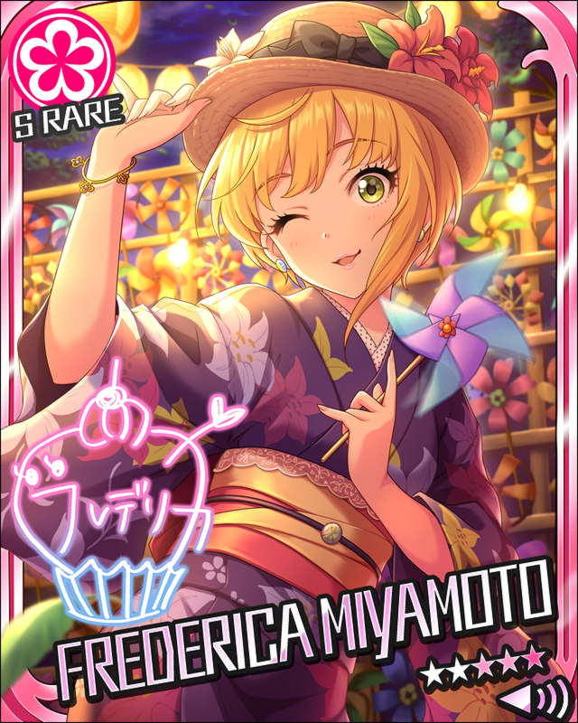 blonde_hair blush character_name green_eyes idolmaster idolmaster_cinderella_girls kimono miyamoto_frederica short_hair stars wink