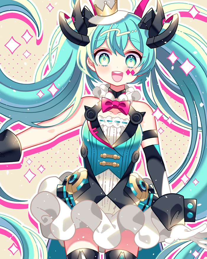 1girl :d ahoge aqua_hair bangs bare_shoulders black_legwear black_sleeves blue_vest blush breasts brown_background collarbone detached_sleeves dress eyebrows_visible_through_hair facial_mark gloves green_eyes hair_between_eyes hair_ornament hat hatsune_miku ie_(nyj1815) long_hair long_sleeves looking_at_viewer medium_breasts mini_hat mini_top_hat open_mouth round_teeth simple_background sleeveless sleeveless_dress smile solo sparkle teeth thick_eyebrows thigh-highs tilted_headwear top_hat twintails upper_teeth very_long_hair vest vocaloid white_dress white_gloves white_headwear wrist_cuffs