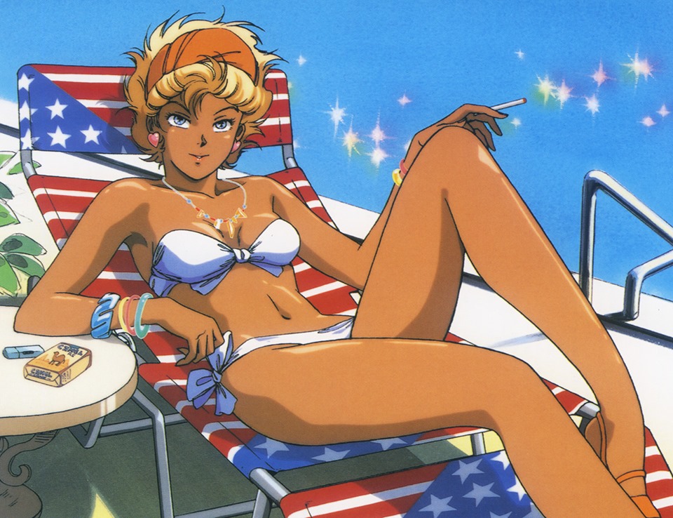 1girl 80s american_flag american_flag_print artist_request bare_shoulders bikini blonde_hair bracelet breasts chair chromatic_aberration cigarette cigarette_box earrings hairband heart_earrings jewelry lighter looking_at_viewer lounge_chair medium_breasts navel necklace oldschool pool scrunchie short_hair smile solo sparkle strapless strapless_bikini susan_sommers swimsuit table tan upswept_hair venus_senki water white_bikini