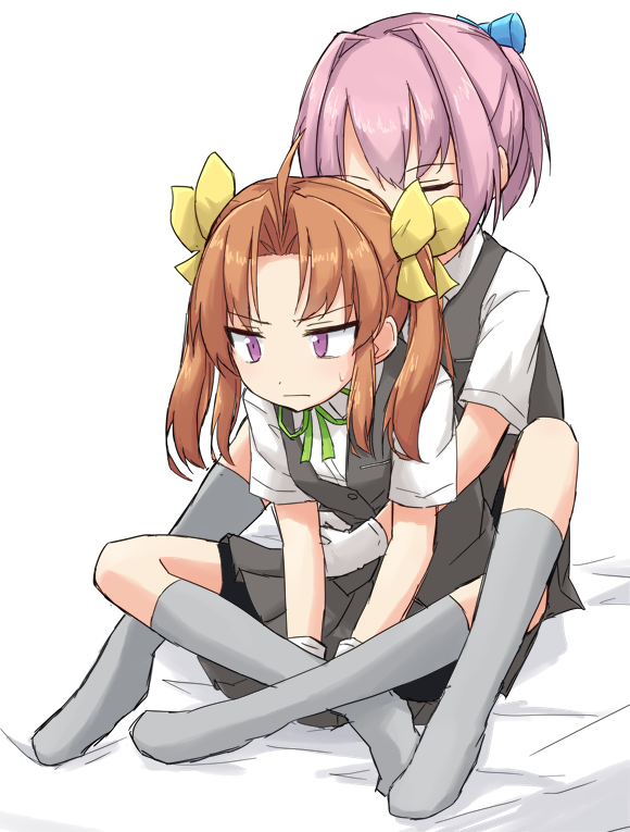 2girls bangs bed_sheet bike_shorts black_shorts blue_bow bow brown_hair closed_eyes closed_mouth commentary dress_shirt frown glaring gloves green_neckwear grey_legwear grey_skirt grey_vest hair_bow hair_intakes hair_ribbon hug hug_from_behind indian_style kagerou_(kantai_collection) kakizaki_(chou_neji) kantai_collection leaning_forward medium_hair miniskirt multiple_girls neck_ribbon on_bed parted_bangs pink_hair pleated_skirt ribbon school_uniform shiranui_(kantai_collection) shirt short_hair short_ponytail short_sleeves shorts shorts_under_skirt simple_background sitting skirt socks straddling sweatdrop twintails vest violet_eyes white_background white_gloves white_shirt yellow_ribbon