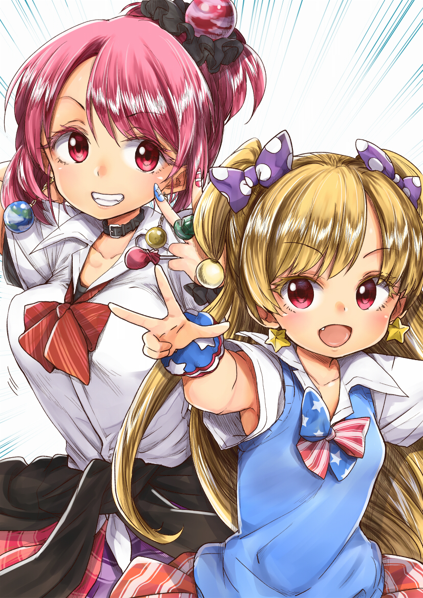 2girls adapted_costume alternate_costume american_flag american_flag_print bangs between_fingers blonde_hair blue_nails bouncing_breasts bow bowtie breasts candy chikado clothes_around_waist clownpiece collar collarbone collared_shirt commentary_request cosplay dress_shirt earrings earth_(ornament) emphasis_lines eyebrows_visible_through_hair eyelashes fake_nails fang flag_print food grin gyaru hair_bow hair_ornament hair_scrunchie hecatia_lapislazuli idolmaster idolmaster_cinderella_girls jewelry jougasaki_mika jougasaki_mika_(cosplay) jougasaki_rika jougasaki_rika_(cosplay) kogal large_breasts lollipop long_hair looking_at_viewer moon_(ornament) multicolored multicolored_clothes multicolored_skirt multiple_girls nail_polish open_mouth polka_dot polka_dot_bow print_bow print_scrunchie red_eyes red_skirt redhead school_uniform scrunchie shiny shiny_hair shirt skirt smile star star_earrings star_print striped swept_bangs teeth touhou two_side_up v very_long_hair vest white_background white_shirt wing_collar wrist_scrunchie