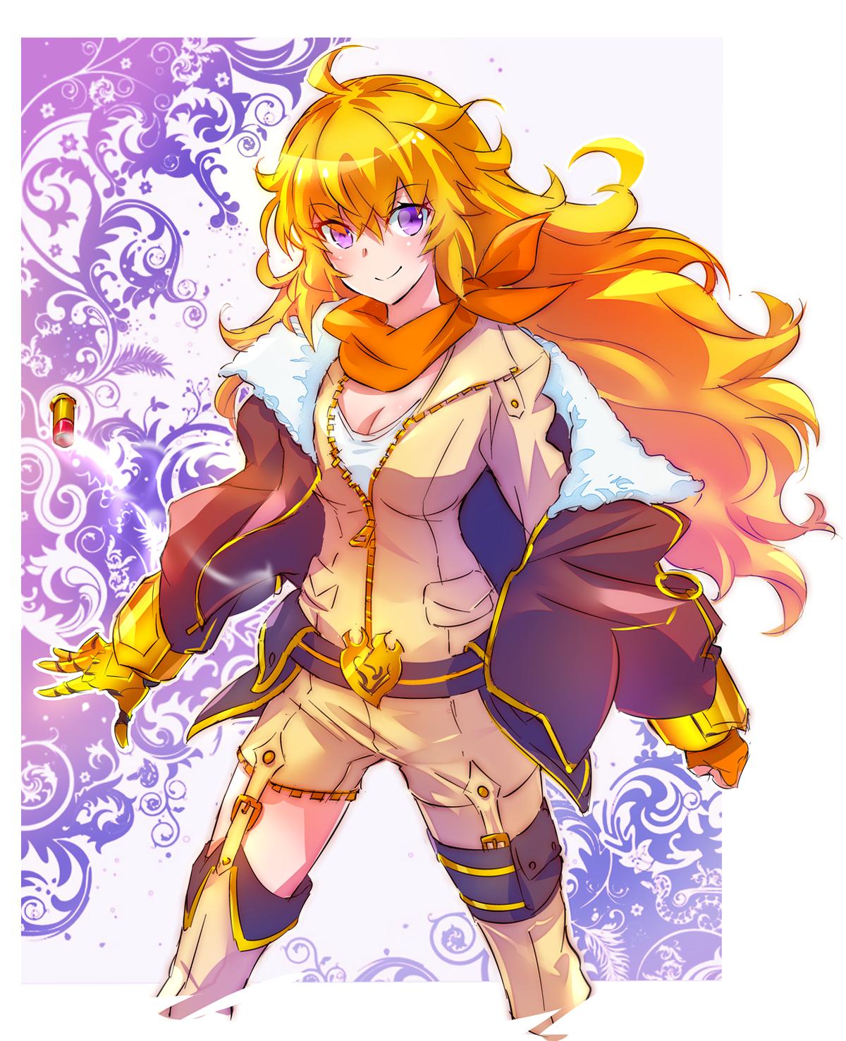 1girl ahoge asymmetrical_legwear blonde_hair breasts brown_jacket ember_celica_(rwby) highres iesupa jacket large_breasts long_hair neckerchief rwby solo vambraces violet_eyes wavy_hair yang_xiao_long