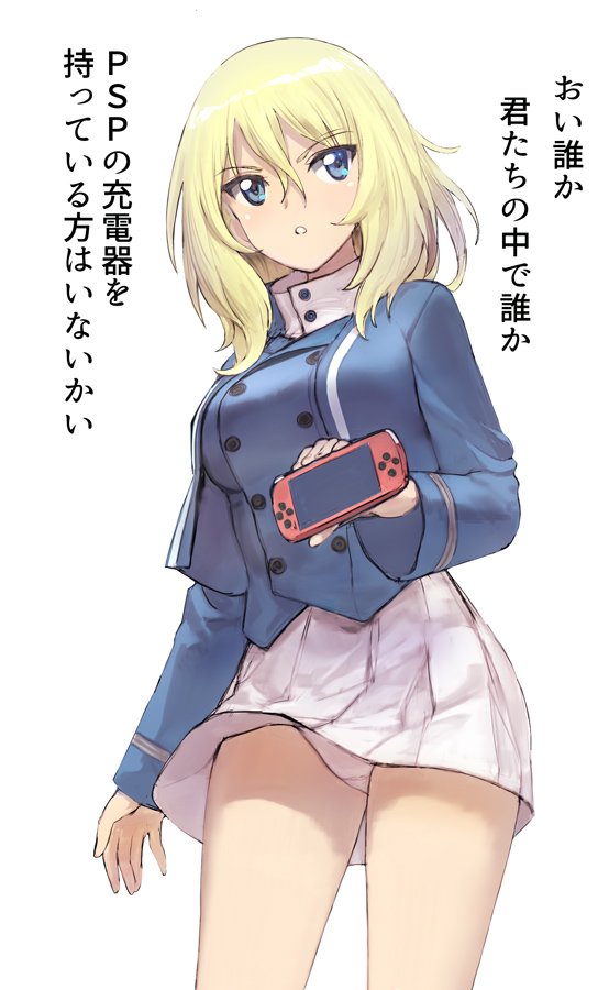 1girl a1 bangs bc_freedom_military_uniform blonde_hair blue_eyes blue_jacket blue_vest commentary cowboy_shot crotch_seam dress_shirt eyebrows_visible_through_hair girls_und_panzer handheld_game_console high_collar holding_handheld_game_console jacket leaning_forward long_sleeves medium_hair messy_hair military military_uniform miniskirt oshida_(girls_und_panzer) panties pantyshot pantyshot_(standing) parted_lips playstation_portable pleated_skirt shirt simple_background skirt solo standing translated underwear uniform vest white_background white_panties white_shirt white_skirt wind wind_lift