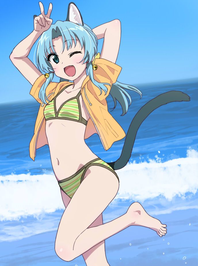 1girl ;d animal_ear_fluff animal_ears arms_up bangs bare_legs barefoot bell bikini bikini_under_clothes blue_eyes blue_hair blue_sky blush breasts brown_jacket cat_ears cat_girl cat_tail collarbone commentary_request day drawstring eyebrows_visible_through_hair fingernails hair_bell hair_ornament hood hood_down hooded_jacket horizon jacket jingle_bell long_hair looking_at_viewer navel ocean one_eye_closed open_clothes open_jacket open_mouth original outdoors parted_bangs short_sleeves sidelocks sky small_breasts smile solo standing standing_on_one_leg string_bikini swimsuit tail tail_raised tonbi v water waves