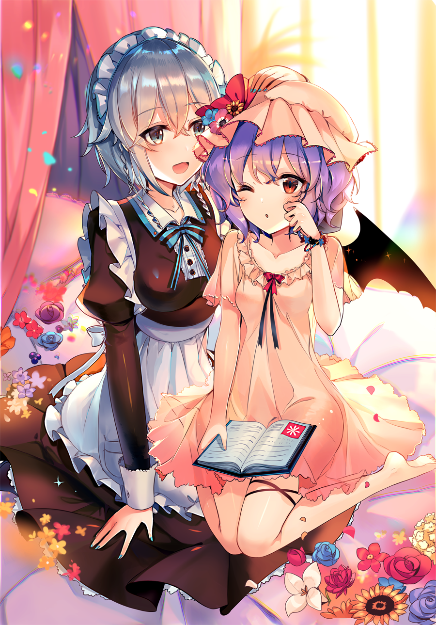 2girls :d ;o apron bangs barefoot bat_wings bed_sheet black_dress black_ribbon blue_eyes blue_flower blue_nails blue_neckwear blue_ribbon blue_rose blush book bow braid breasts commentary_request curtains dress eyebrows_visible_through_hair flower frilled_apron frilled_pillow frills hair_between_eyes hand_on_another's_head hand_up hat hat_flower hat_ribbon highres holding holding_book indoors izayoi_sakuya juliet_sleeves kirero lavender_hair long_sleeves looking_at_another maid maid_apron maid_headdress medium_breasts mob_cap multiple_girls nail_polish neck_ribbon one_eye_closed open_mouth orange_flower parted_lips petals petticoat pillow pink_dress pink_headwear puffy_sleeves purple_flower purple_rose red_bow red_eyes red_flower red_ribbon red_rose remilia_scarlet ribbon rose see-through short_hair short_sleeves silver_hair sitting small_breasts smile sunflower thigh_ribbon thighs touhou twin_braids waist_apron wariza white_apron white_flower wings