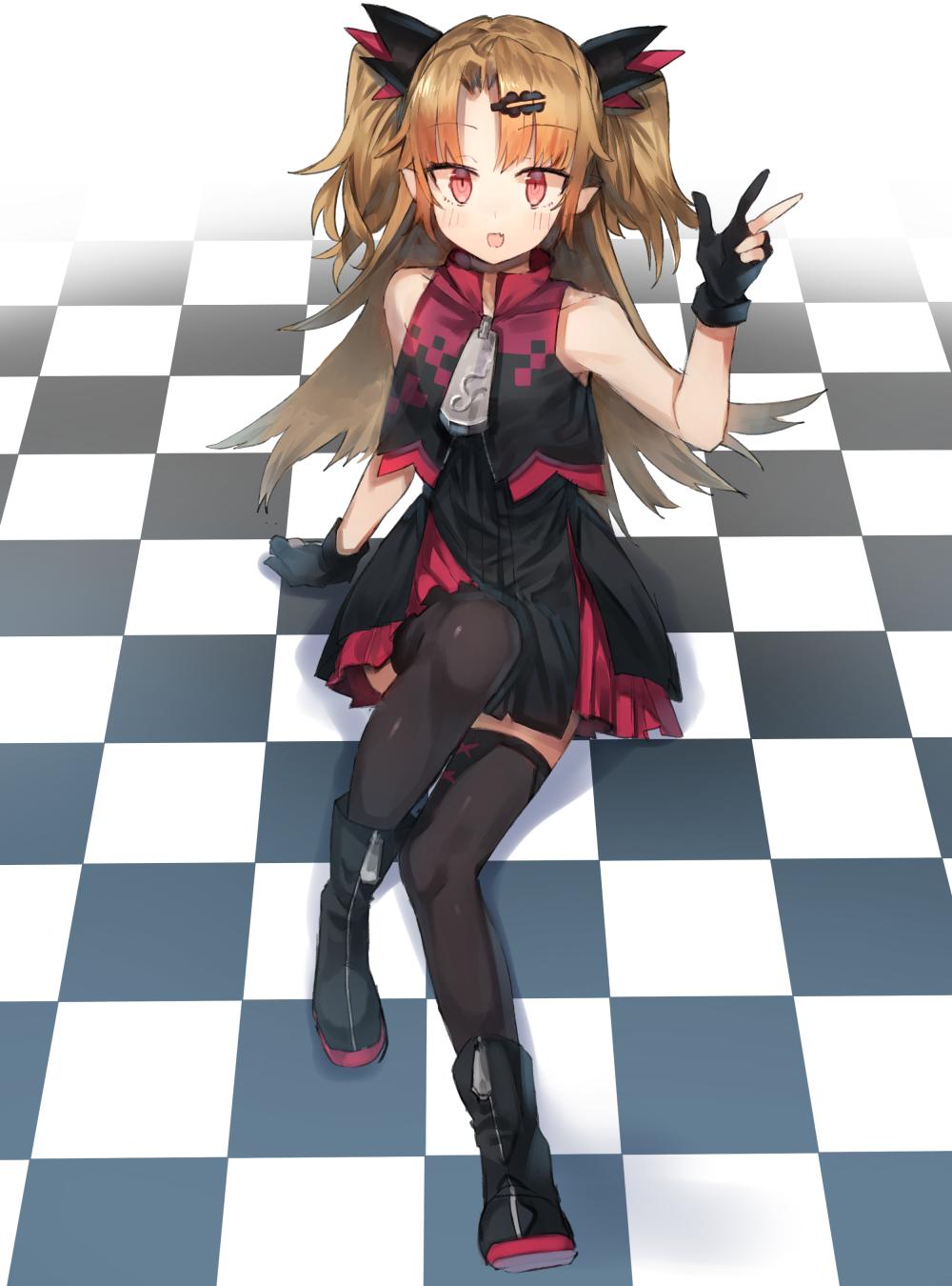 1girl :d arm_support bangs bare_arms bare_shoulders black_dress black_footwear black_gloves black_legwear boots brown_hair checkered checkered_floor commentary_request dress eyebrows_visible_through_hair fang fingerless_gloves full_body gloves hair_ornament hairclip highres kasuka_(kusuki) knee_up long_hair looking_at_viewer open_mouth original original_character pointy_ears red_eyes shadow short_dress sidelocks sitting skin_fang smile solo thigh-highs two_side_up