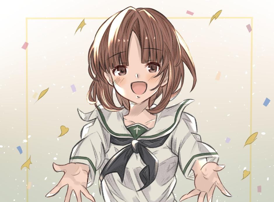 1girl :d arutoria_(187497382) bangs black_neckwear blouse bow brown_eyes brown_hair commentary confetti girls_und_panzer light_blush light_particles long_sleeves looking_at_viewer neckerchief nishizumi_miho ooarai_school_uniform open_mouth reaching_out school_uniform serafuku short_hair smile solo upper_body white_blouse yellow_bow