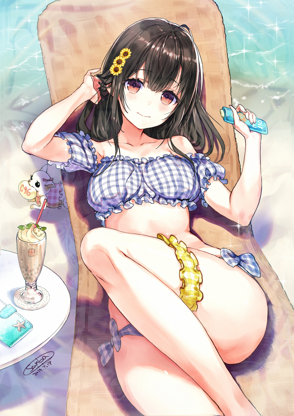 1girl animal bangs bare_shoulders bikini black_hair blue_bikini blush breasts brown_eyes chihuahua closed_mouth collarbone commentary_request cup day dog drinking_glass drinking_straw eyebrows_visible_through_hair flower frilled_bikini frills hair_between_eyes hair_flower hair_ornament hands_up highres holding knee_up leg_garter long_hair looking_at_viewer lying medium_breasts on_back original outdoors parfait plaid plaid_bikini puffy_short_sleeves puffy_sleeves sanbasou shadow short_sleeves signature smile solo sparkle sunflower sunflower_hair_ornament sunlight swimsuit table thighs water yellow_flower