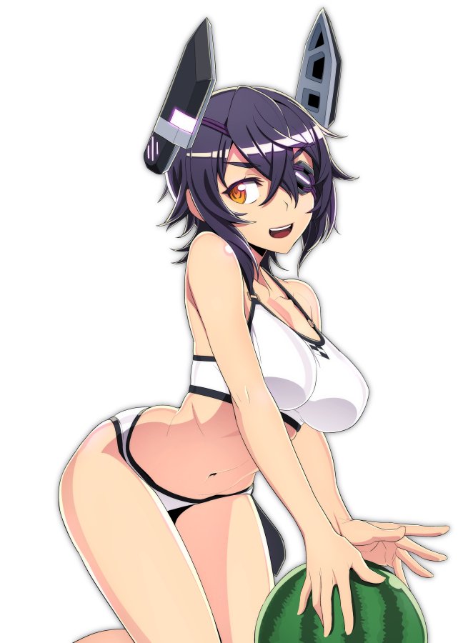 1girl bikini breasts commentary eyepatch food fruit headgear kantai_collection kneeling leaning_forward looking_at_viewer medium_breasts nanashino navel open_mouth purple_hair short_hair simple_background skindentation smile solo swimsuit tenryuu_(kantai_collection) watermelon white_background white_bikini yellow_eyes