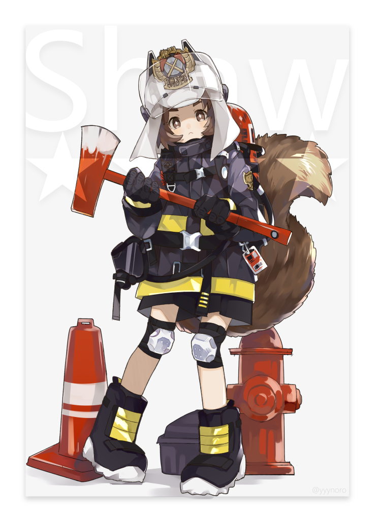 1girl arknights axe black_footwear black_jacket boots brown_eyes brown_hair captain_yue character_name closed_mouth commentary fire_axe fire_hydrant firefighter full_body grey_background head_tilt helmet holding holding_axe jacket knee_pads looking_at_viewer shaw_(arknights) short_eyebrows solo squirrel_tail standing star tail tail_raised thick_eyebrows traffic_cone two-tone_background v-shaped_eyebrows visor white_background white_headwear