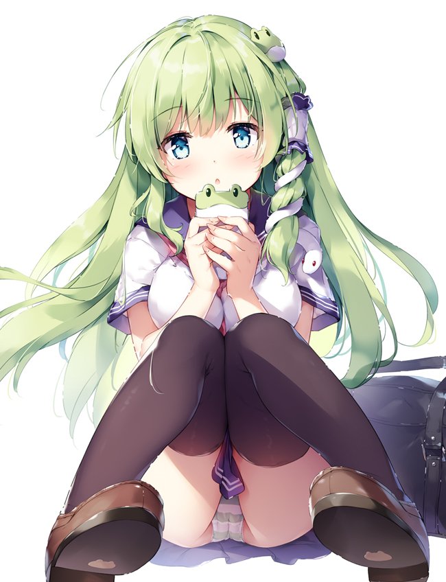 1girl alternate_costume ass bag bangs black_legwear blue_eyes blue_sailor_collar blue_skirt blush breasts brown_footwear cellphone commentary_request contemporary eyebrows_visible_through_hair frog_hair_ornament green_hair hair_ornament hair_tubes holding holding_phone knees_up kochiya_sanae large_breasts loafers long_hair looking_at_viewer miyase_mahiro neckerchief parted_lips phone red_neckwear sailor_collar school_bag school_uniform serafuku shoes short_sleeves sidelocks simple_background sitting skirt smartphone snake_hair_ornament solo thigh-highs thighs touhou white_background white_serafuku