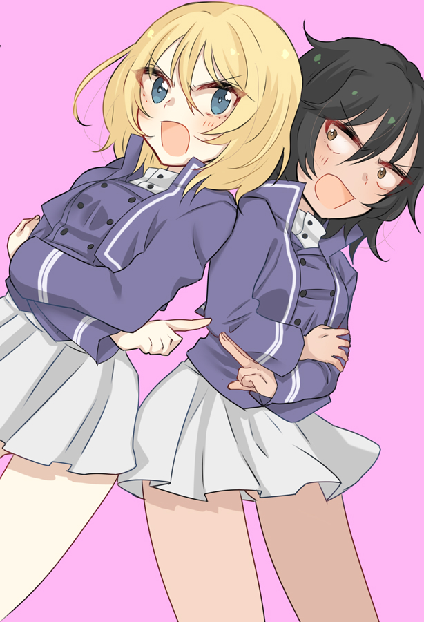 2girls andou_(girls_und_panzer) angry bangs bc_freedom_military_uniform black_hair blonde_hair blue_jacket blue_vest blush crossed_arms dark_skin girls_und_panzer high_collar jacket kumasawa_(dkdkr) long_sleeves looking_at_another medium_hair messy_hair multiple_girls open_mouth oshida_(girls_und_panzer) pink_background pleated_skirt pointing simple_background skirt thighs v-shaped_eyebrows vest white_skirt