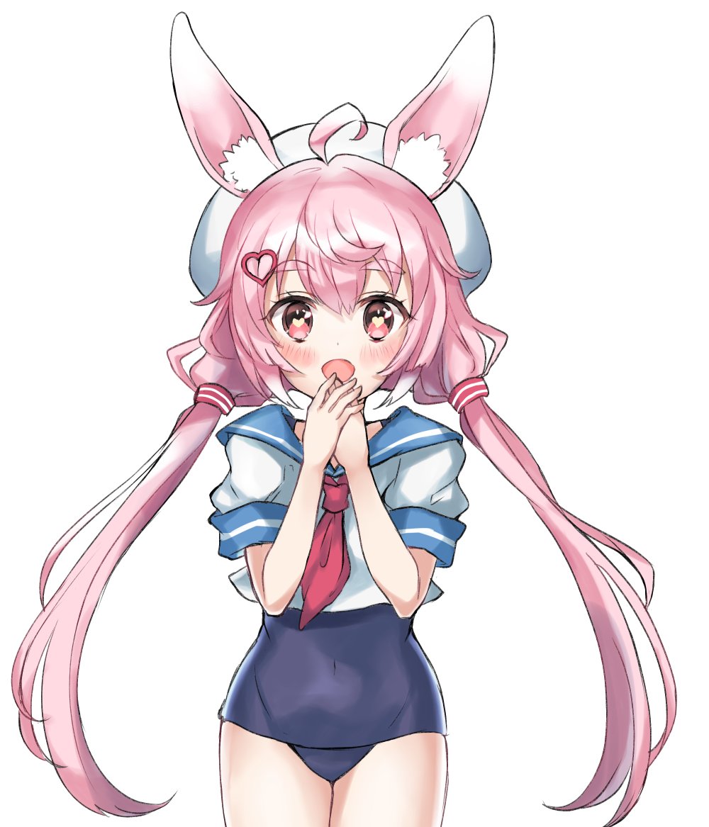 1girl ahoge animal_ear_fluff animal_ears blush hair_ornament hairclip hand_to_own_mouth hat long_hair low_twintails one-piece_swimsuit open_mouth pink_eyes pink_hair rabbit_ears school_swimsuit school_uniform serafuku shirt simple_background smile solo swimsuit tomari_mari tomari_mari_channel twintails very_long_hair virtual_youtuber white_background white_headwear white_shirt